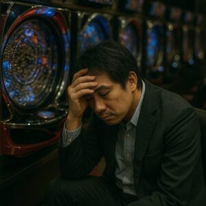 パチンコで出玉飲まれてうなだれる男性