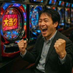 パチンコ大当たりで喜ぶ男性