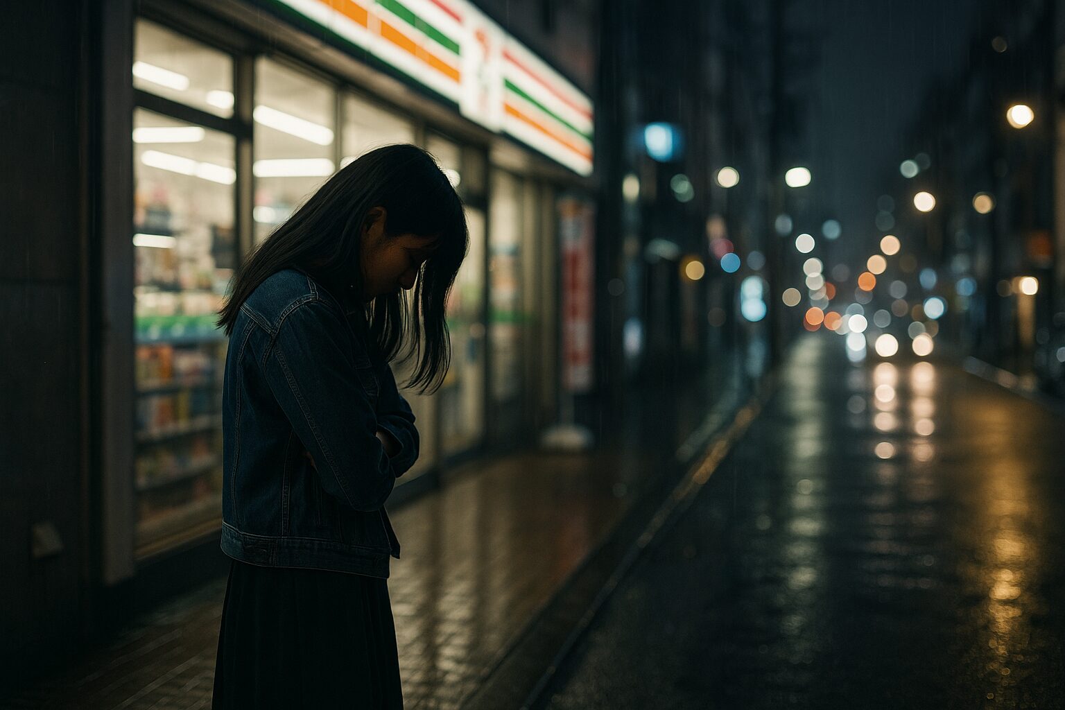 雨の夜のコンビニ前でうつむく若い女性（匿名・顔が特定できない構図）