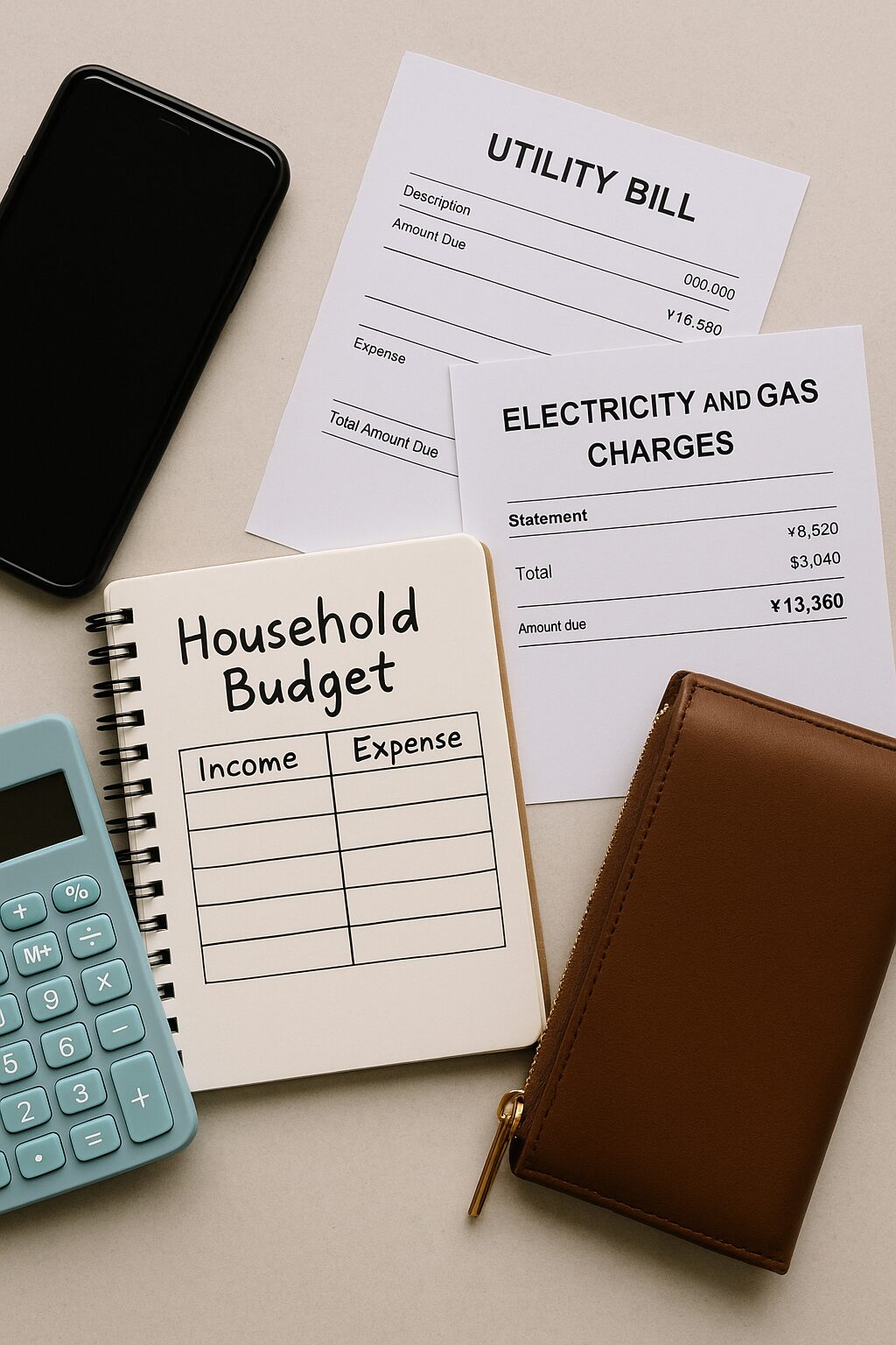 家計簿・光熱費の請求書・スマホ・財布のフラットレイ