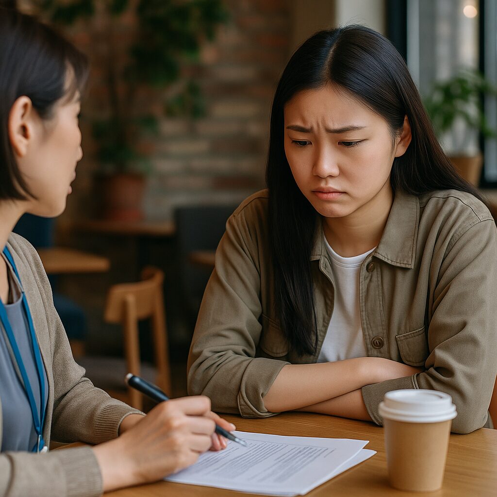 NPOの居場所カフェで相談員と話す女性（顔は写さない）