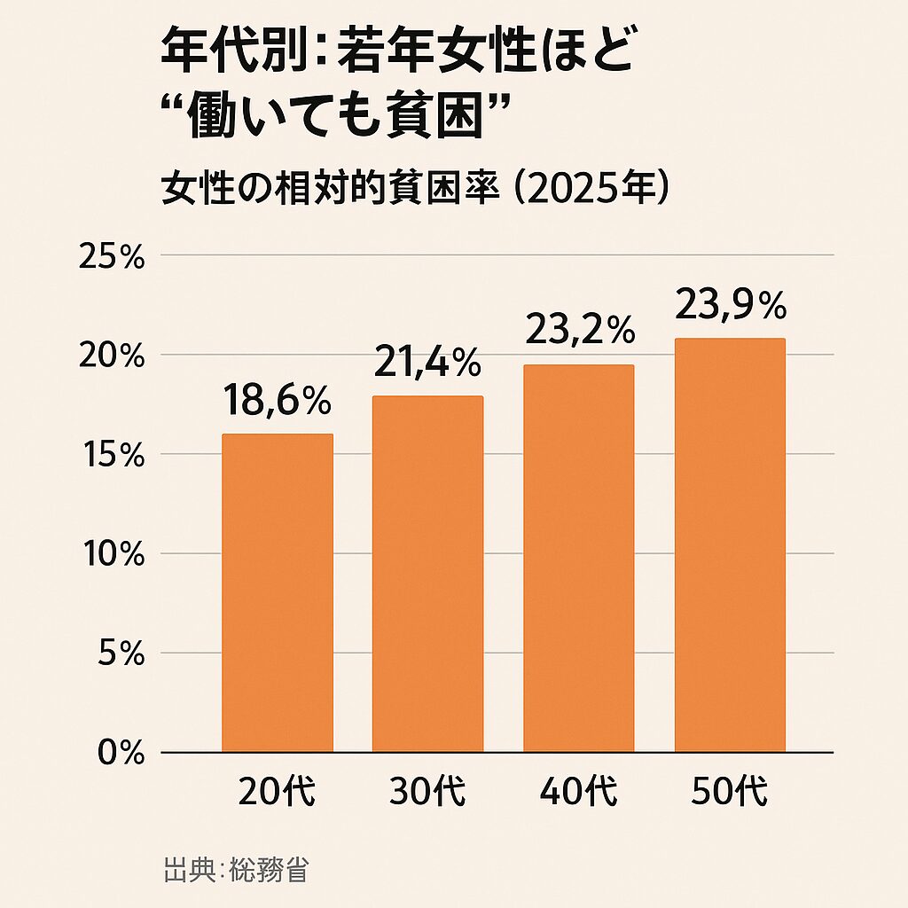 年代別の女性の相対的貧困率（20代から50代まで）。年齢が上がるにつれて貧困率が上昇する傾向を示す棒グラフ。
